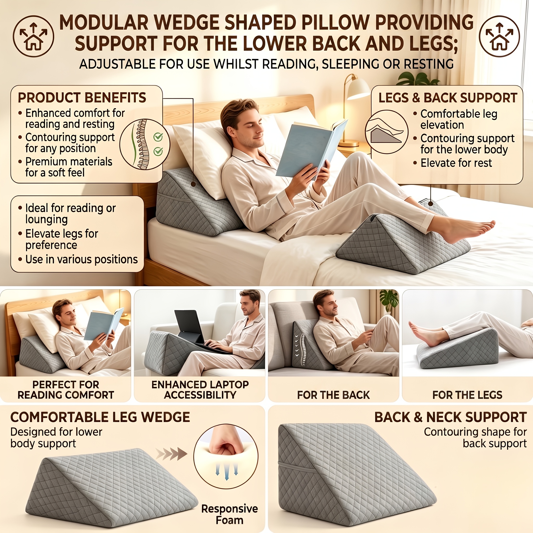 Image of Triangle Wedge Pillow, Reading Back Cushion, Back And Leg Cushion, Soft Quilted Sofa Bed Cushion For Back Relief, With Side Storage Pocket