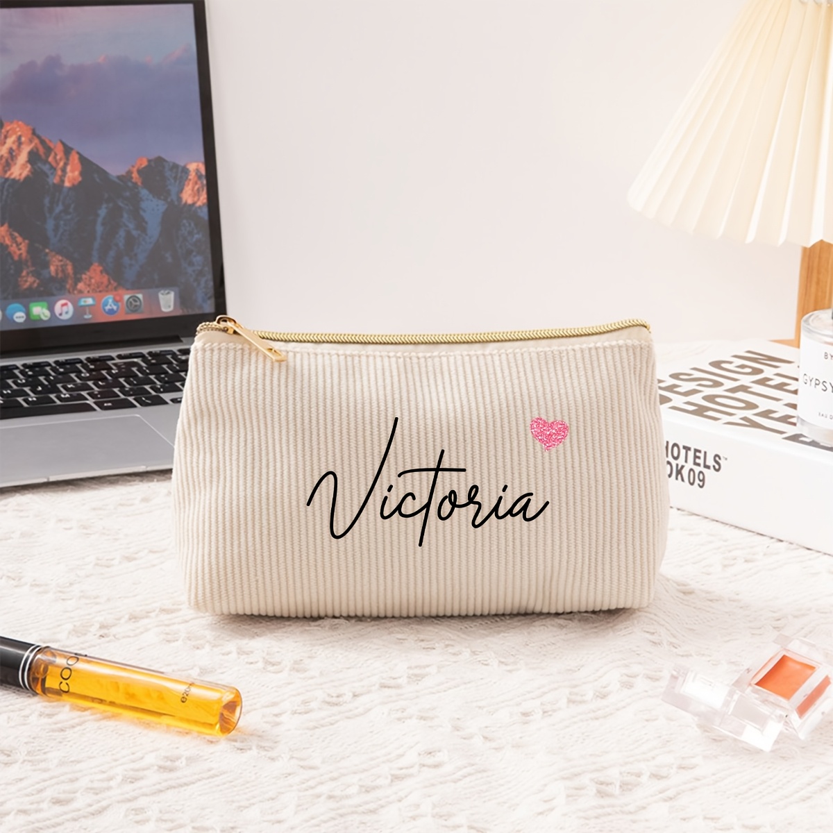 TEMU 1pc Custom Handwritten Name Corduroy Makeup Bag, Student Pencil Case, Easy Travel Essential For Women, Portable Large Capacity Corduroy