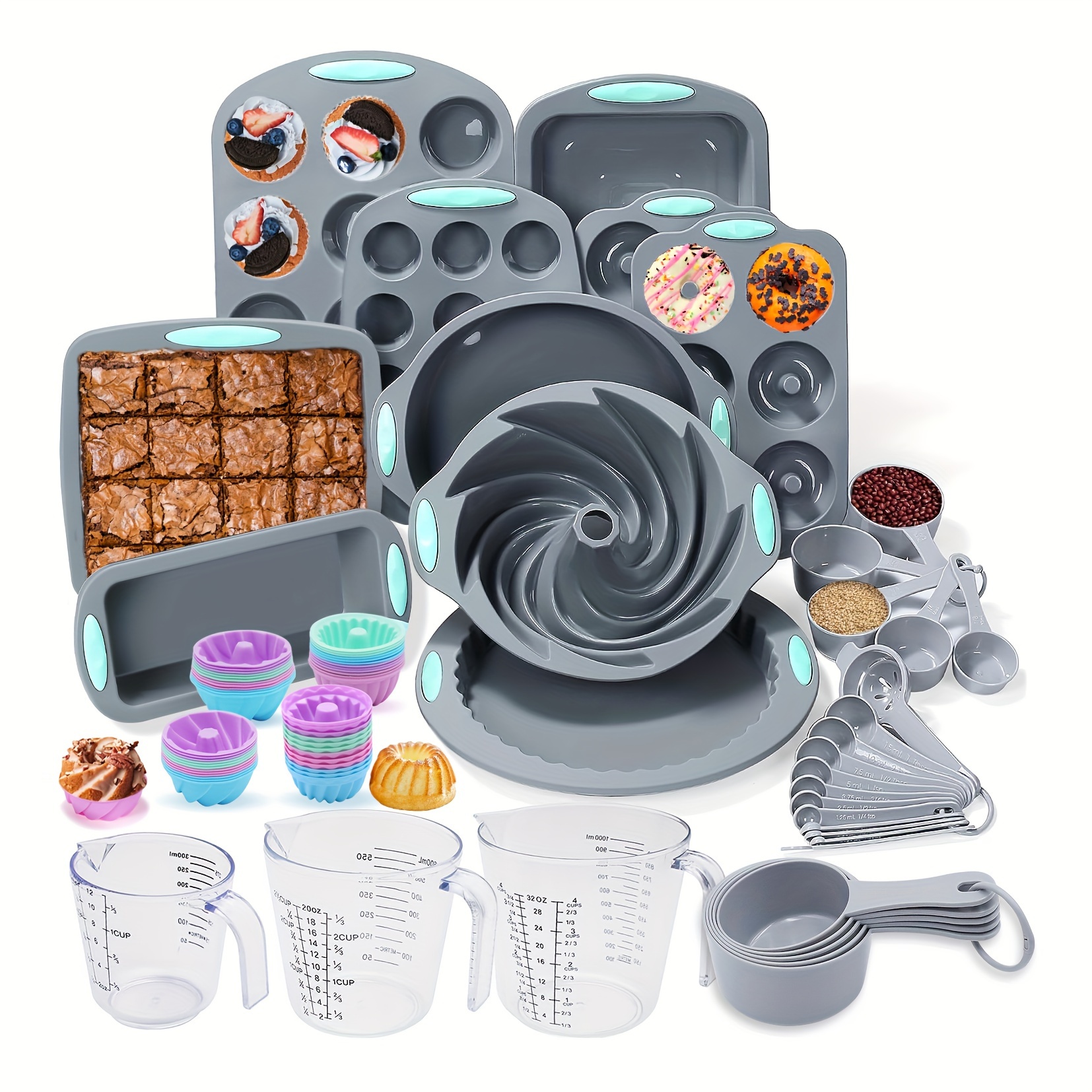 

83pcs Silicone Bakeware Set, Silicone Cake Molds, Baking Sheet, Donut Pan, Silicone Muffin Pan, Brownie Cake Mold, Silicone Baking Cups And Measuring Cups And Spoons Set - Light Grey