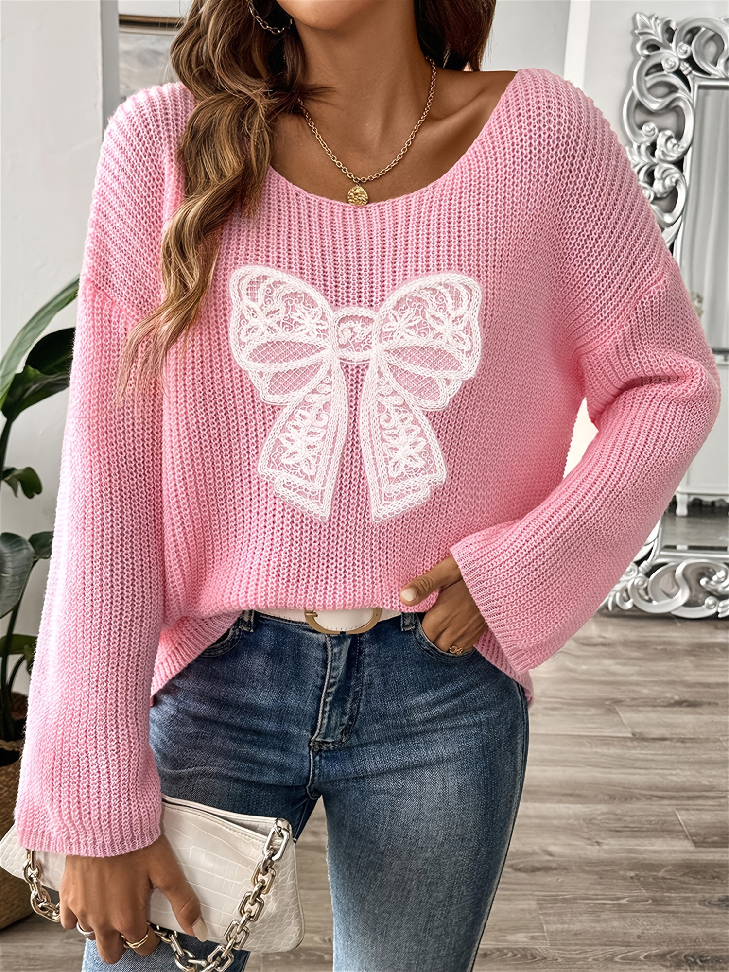women's elegant pink bowknot knit sweater long sleeve crew Temu