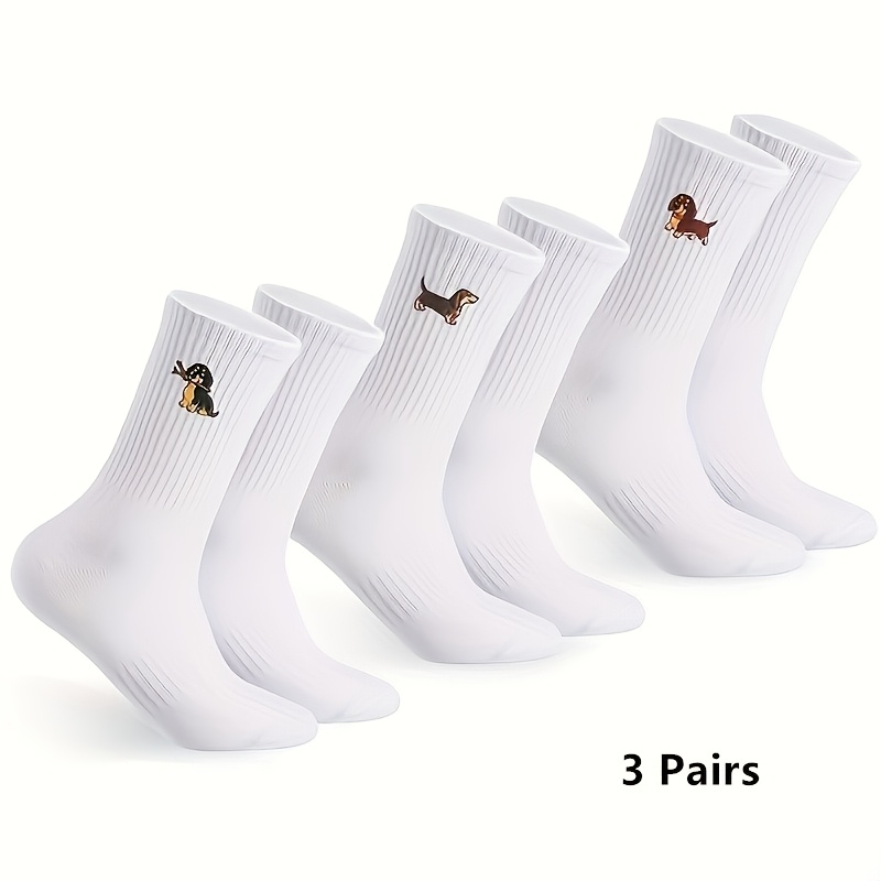 Image of 3 Pairs Of Women's Tennis Socks, Breathable Mid-tube Sports Socks, Crew Socks Designed For Dog Lovers, Sizes 38-42