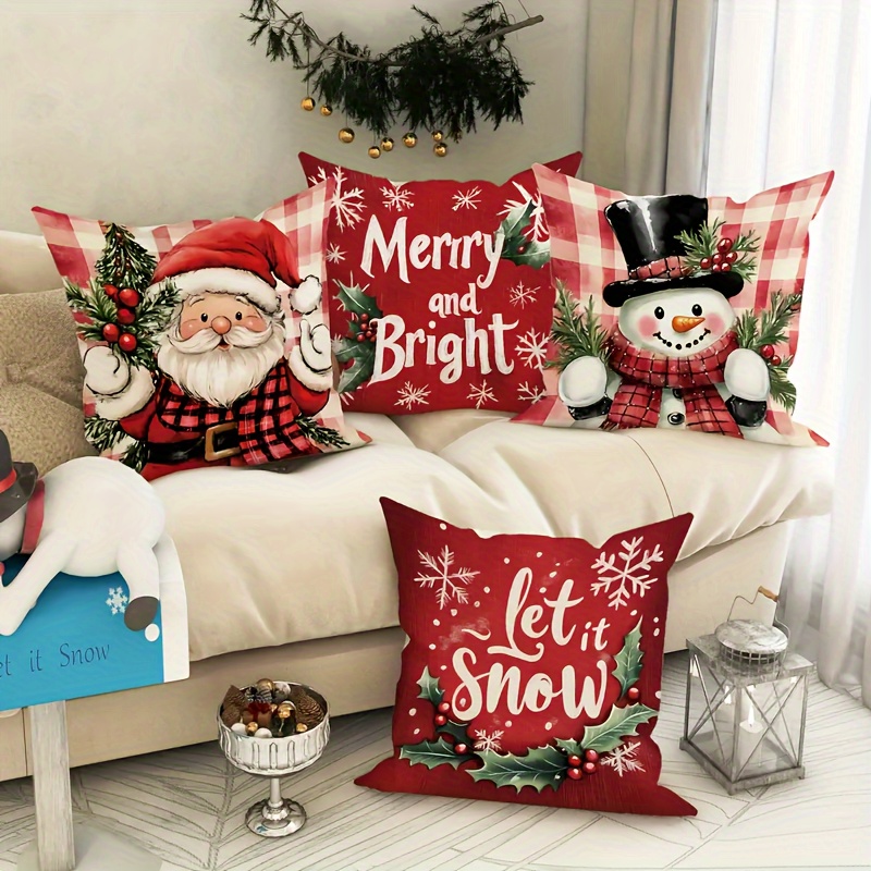 

Christmas Holiday Throw Pillow Covers Set Of 4, Contemporary Style, Santa Claus & Snowman Printed Design, Zippered Polyester Pillowcases 18x18 Inch, Hand Wash, Decorative Cushion Covers For Room Types