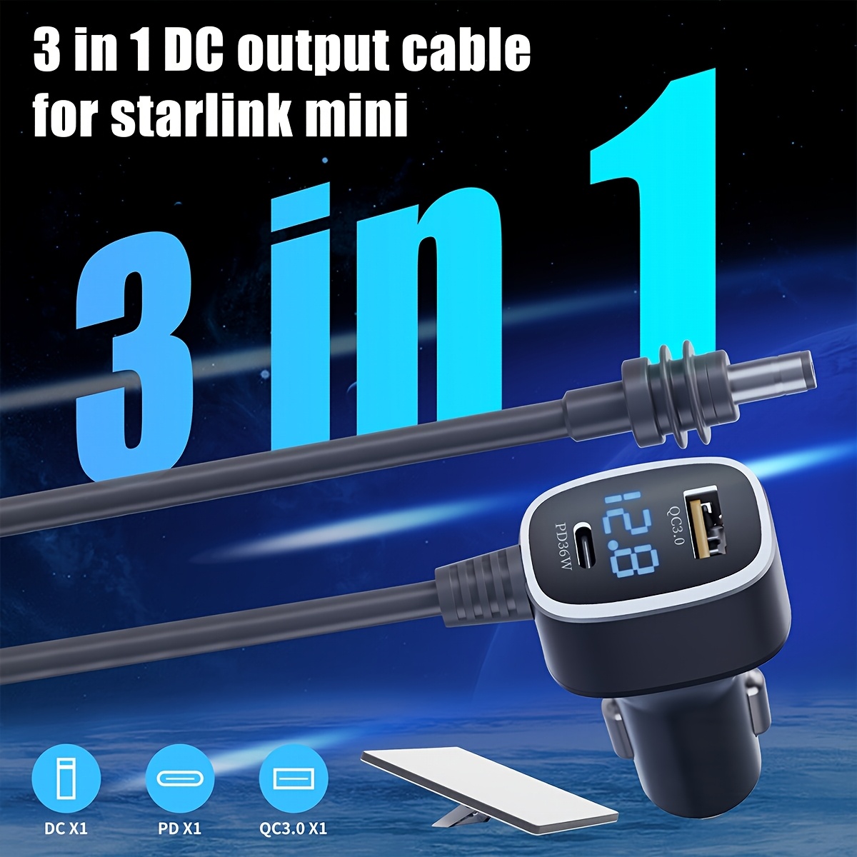 1pc Adaptateur Starlink 3m/10ft vers Câble d'alimentation DC 10ft, Câble d'alimentation de voiture DC 12V-24V pour accessoires Starlink, Alimentation DC Starlink 18AWG étanche pour camions, voitures, bus, bateaux, station de charge de véhicule, conception de câble durable