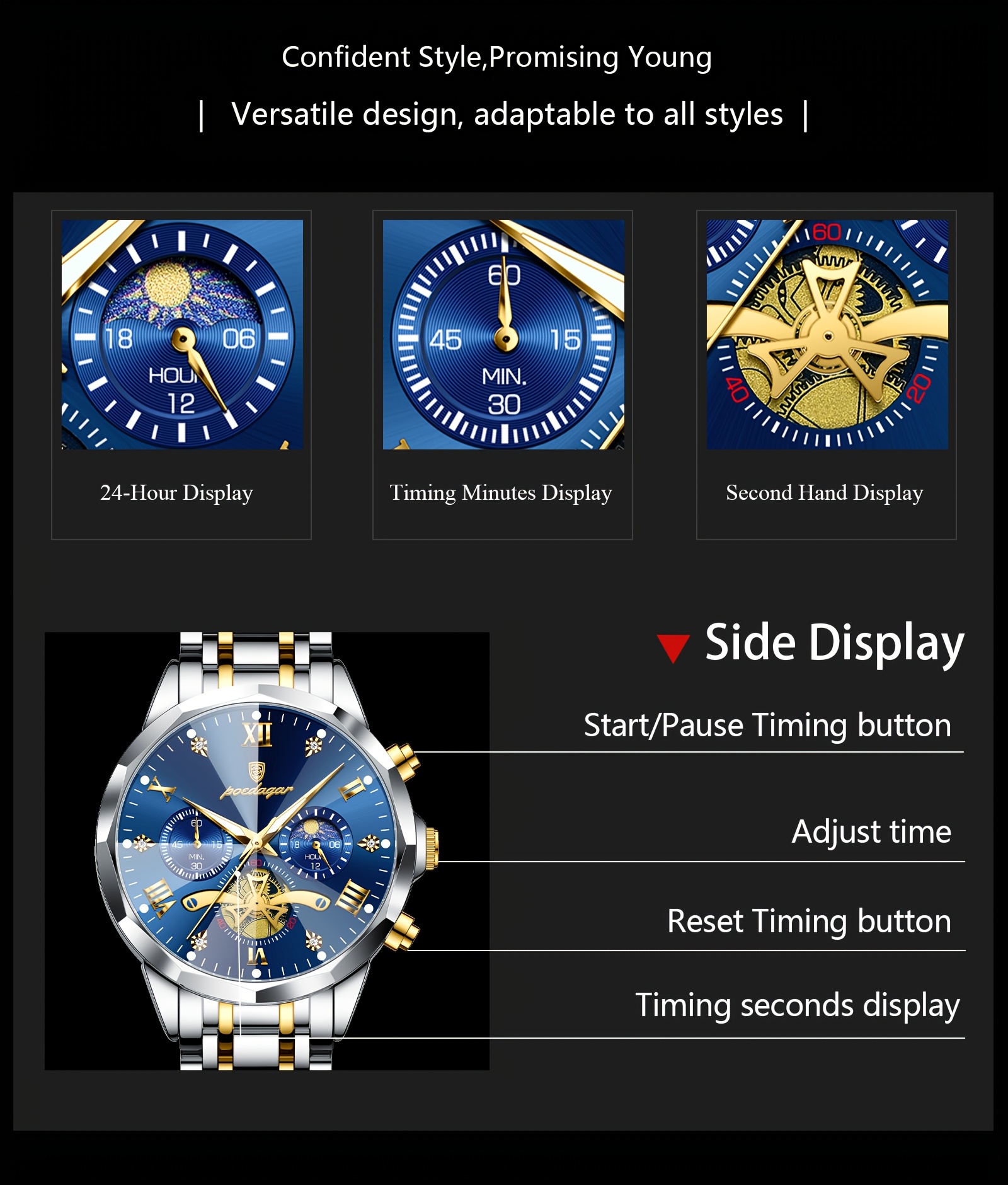 Luxe Stalen Band Herenhorloge Lichtgevend Waterdicht Chronograaf Dag En Nacht Display Heren Polshorloge