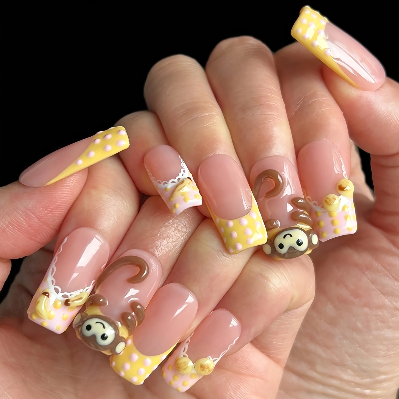 TEMU 10pcs Handmade Square Nail Stickers, Pink & Yellow French Manicure Tips, Pink Nails, Hand-painted Polka Dots, 3d Monkey, Banana Carving, Cute