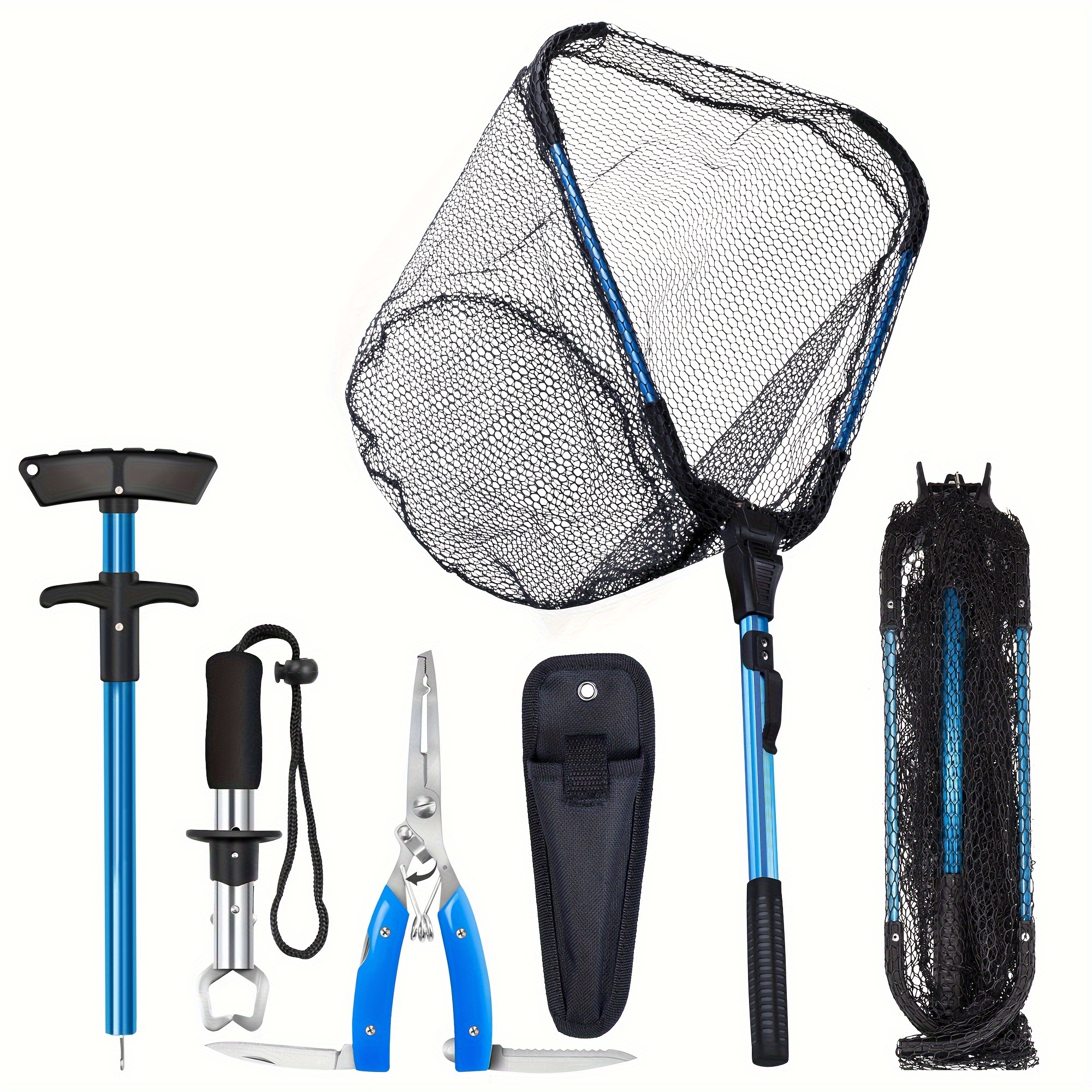 

5-in-1 Fishing Accessory Kit, Foldable Landing Net With Telescopic Handle, Fishing Pliers, Hook Remover, Fish Lip Gripper With T-handle, Anti-slip , Stainless Steel Tools, Kayak Anglers Essentials