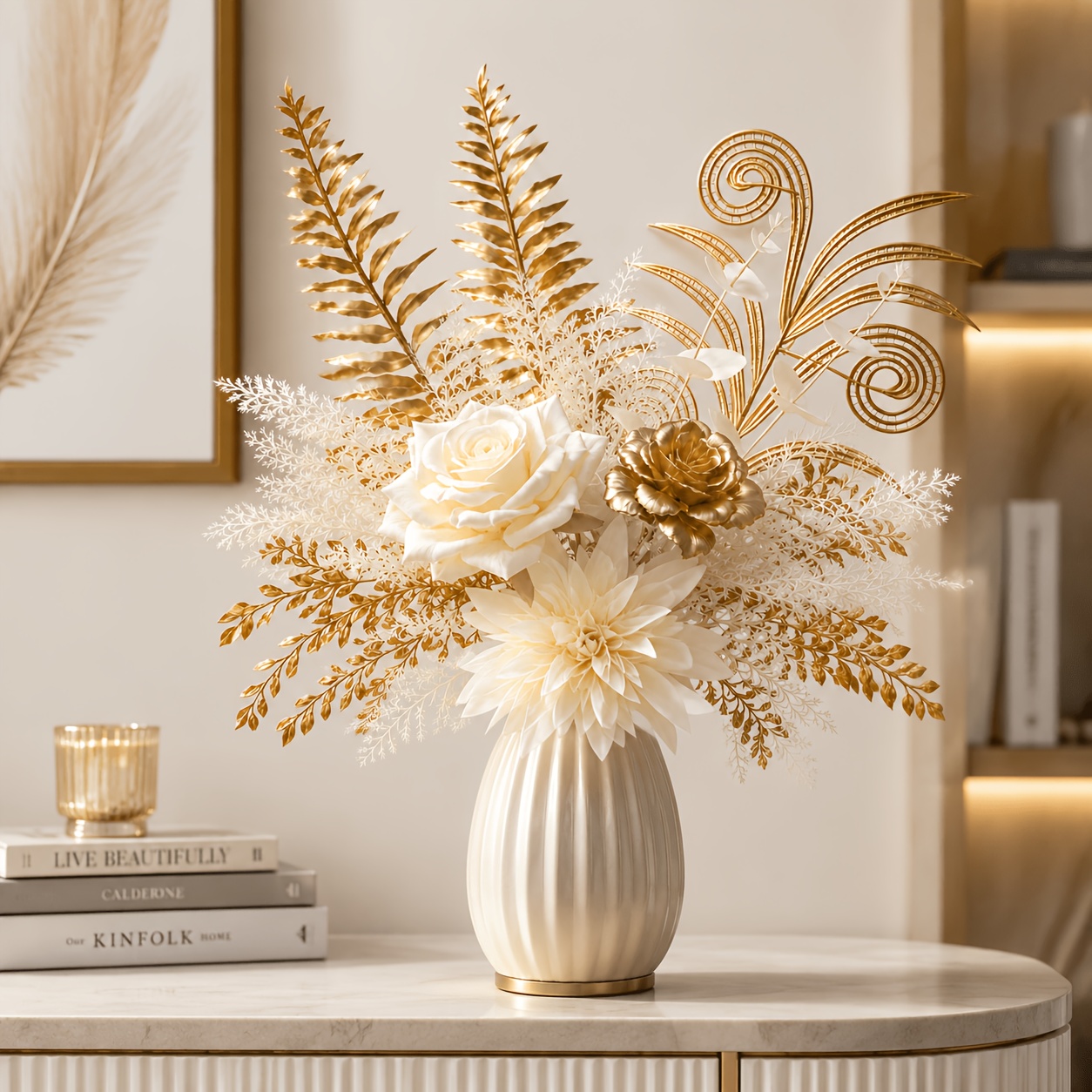 TEMU Elegant Artificial Flower Arrangement With White Rose, Golden Floral Accents & Premium Foliage, Luxury Faux Bouquet Centerpiece For Home Decor,