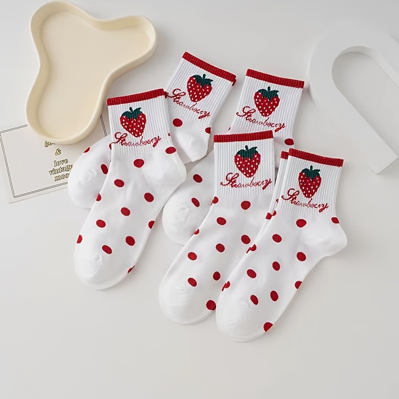 

5 Pairs Strawberry & Polka Dot Socks, Sweet & Cute Japanese Style Mid Tube Socks, Women's Stockings & Hosiery