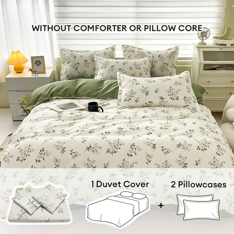 3pcs floral duvet cover set   leaves and white flowers pattern soft hypoallergenic bedding   1 duvet cover and 2 pillowcases no core details 0