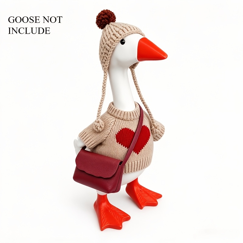 TEMU Collectible Figurines 7 Inch Tabletop Goose Decor Outfit Set, Knitted Heart Pattern Sweater Pom Pom Earflap Hat With Mini Crossbody Bag, Small