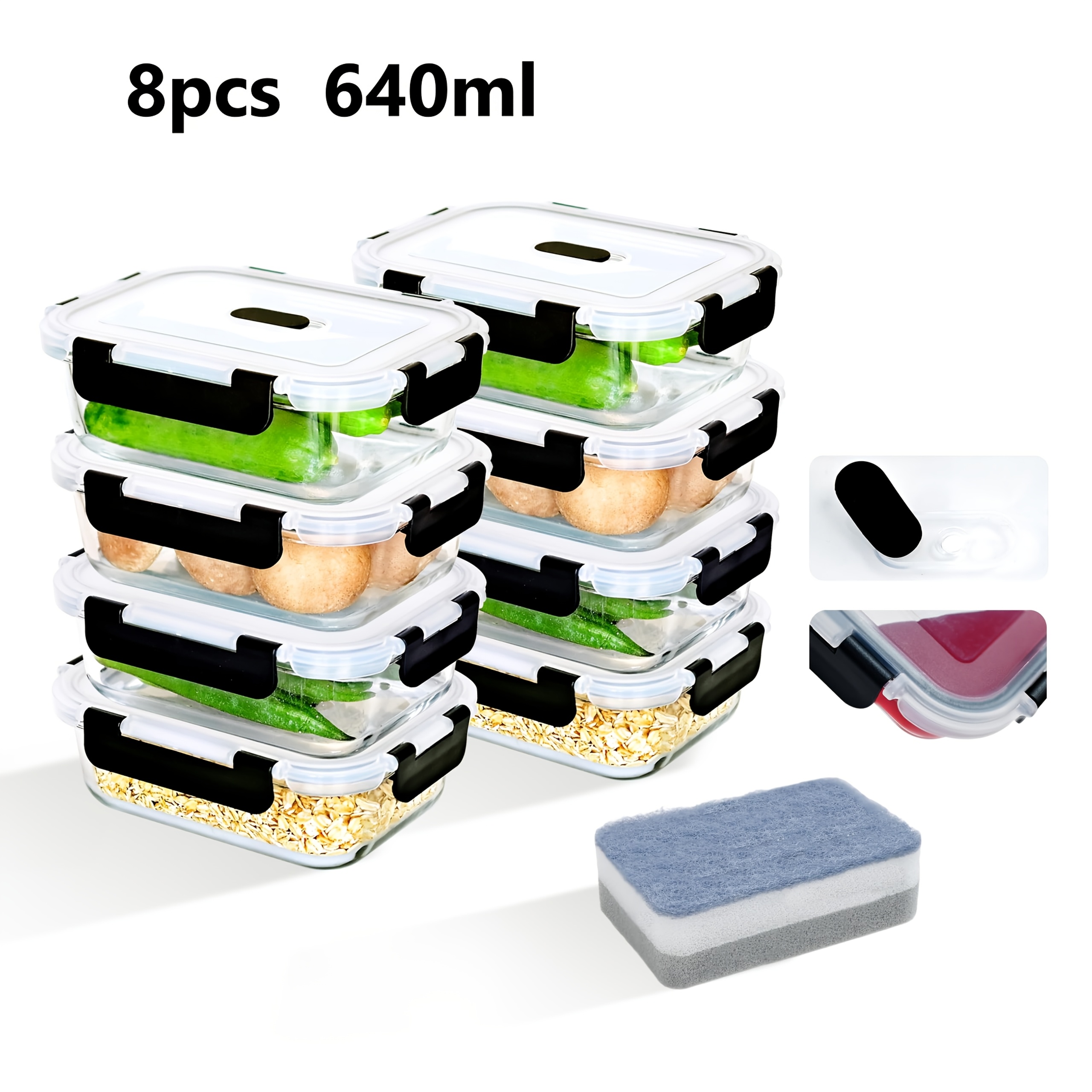 Image of 8pcs 640ml Borosilicate Glass Food Storage Containers With Airtight Lids, Meal Prep Containers, Oven, Microwave & Dishwasher Safe, Food Storage Boxes For Kitchen
