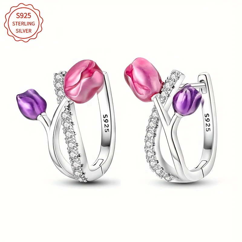 TEMU 1 Pair Original 925 Pure Silvery Shining Tulip Earrings High Quality Women's Earrings Elegant Women's Dangle Earrings Party Wedding Jewelry Gift Silvery Weight 5g