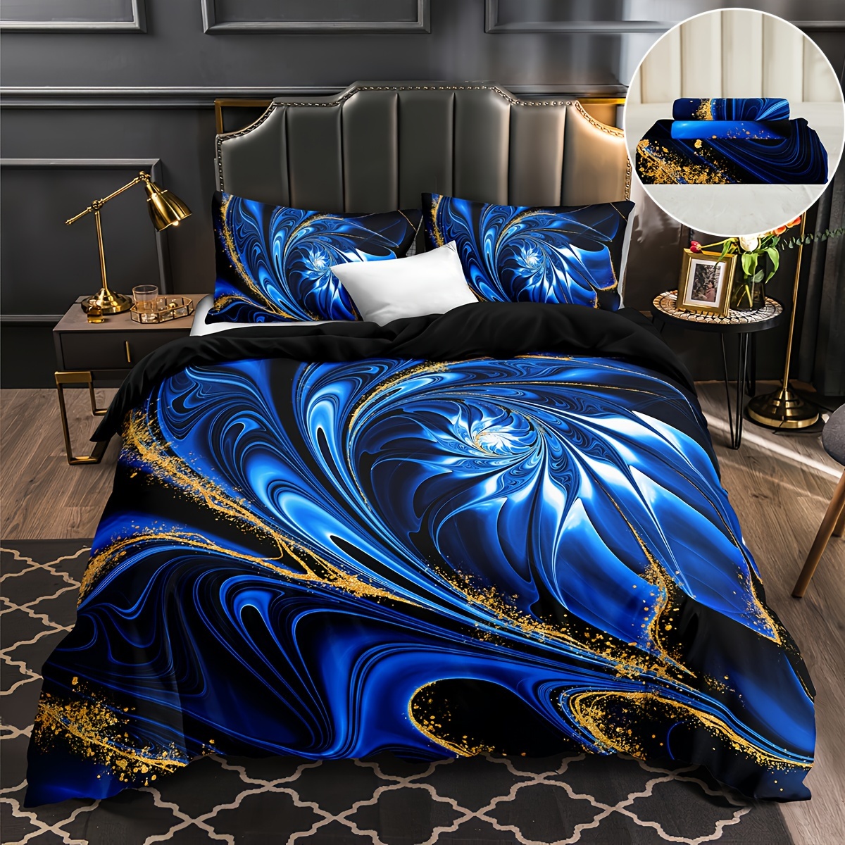 

3pcs Digital Print Polyester Duvet Cover Set With 2 Pillowcases - Flowing Gold On Blue And Black Pattern, All-season Bedding Set With Zipper Closure, Machine Washable, Multiple Sizes Available
