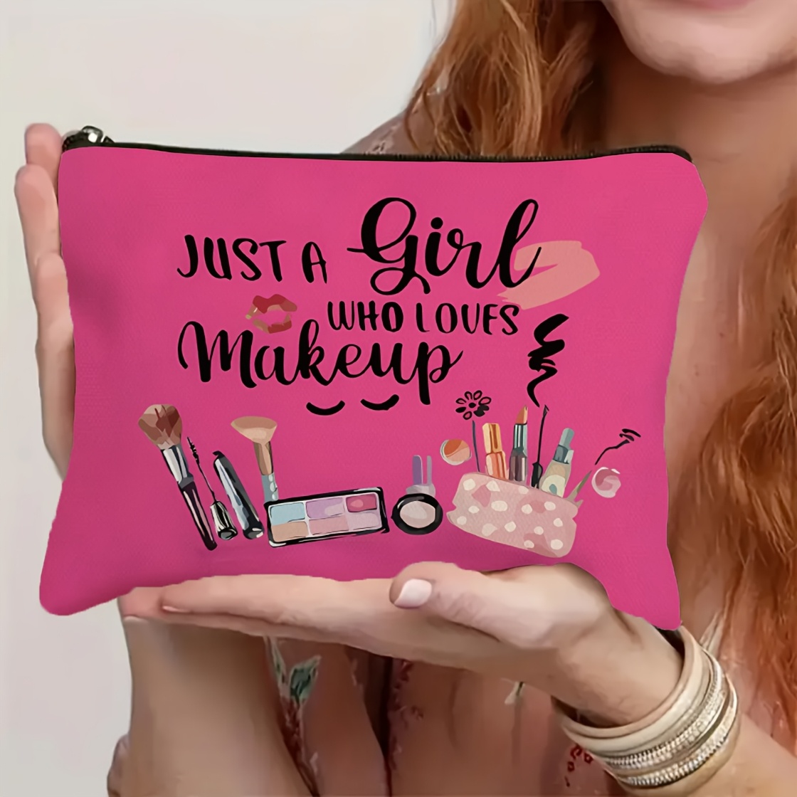 TEMU Chic Women's Makeup Bag - Portable Zipper Pouch With Makeup Brush & Heart Charm, Lightweight & Durable, Travel & Dorm Essential, Thoughtful Gift