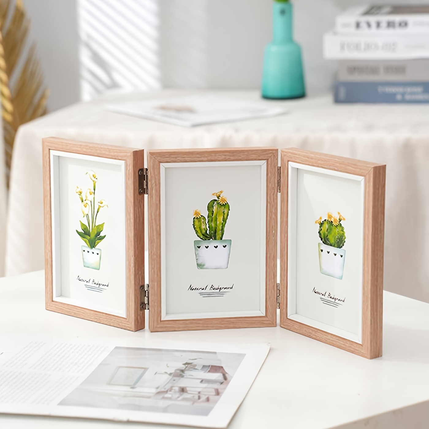 

1pc, 3-fold Wooden Photo Frame, Classic Style, Double-sided Folding Picture Stand, Artistic Display, Dual Connected Frames, Desk Photo Holder
