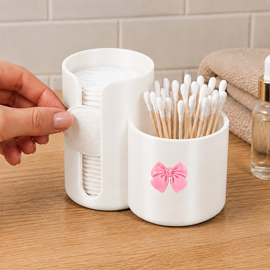 TEMU 2pcs Set Swab Holder With Pink Bow - 2-in-1 Bow Style Bathroom Swab Storage Box, Multi-functional Bathroom Storage Jar, Bow-shaped Design, Ideal