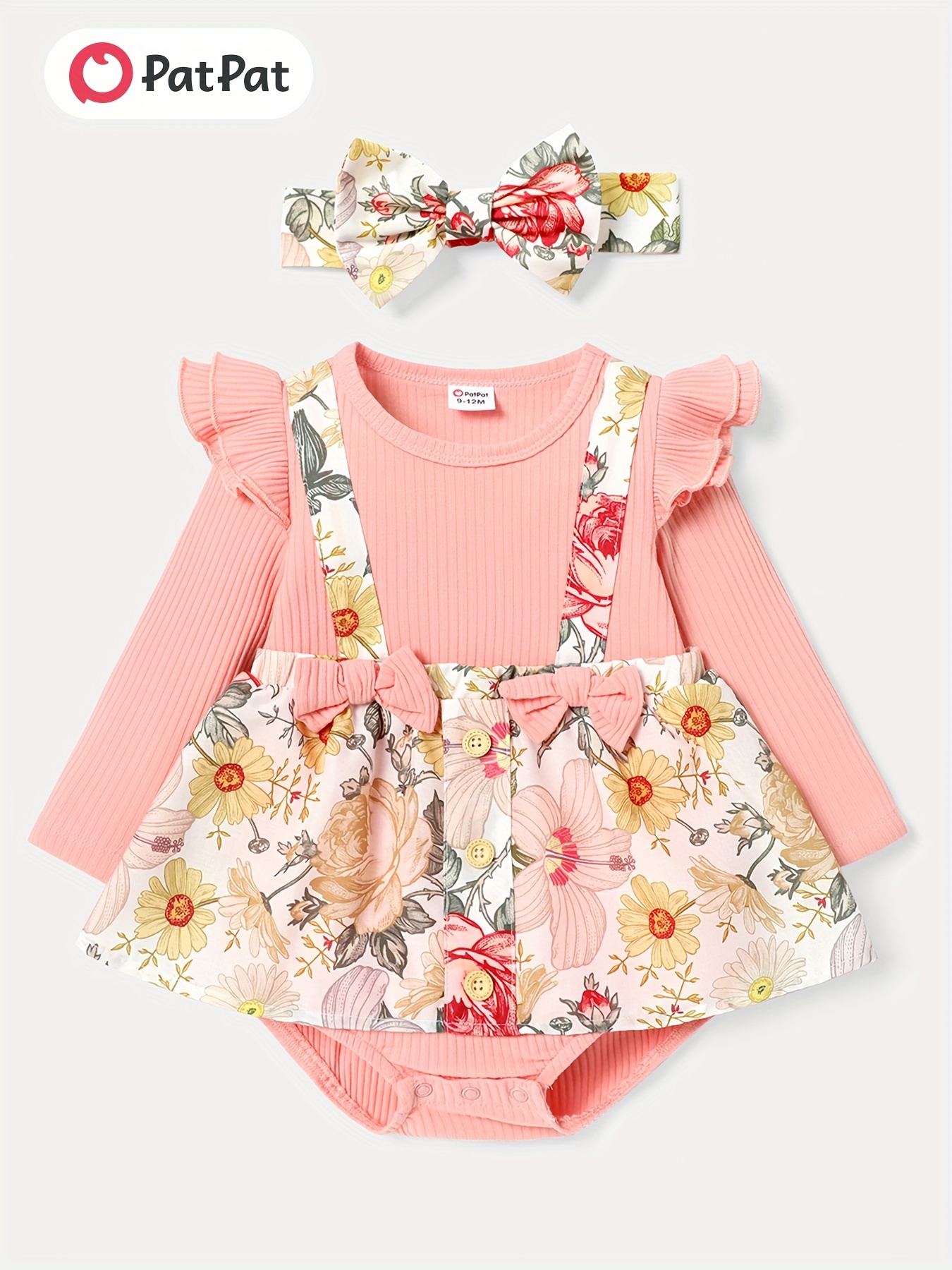 2pcs Baby Girl Letter Print Pink Ribbed Puff-sleeve Splicing Floral Print Layered Romper with Headband Set