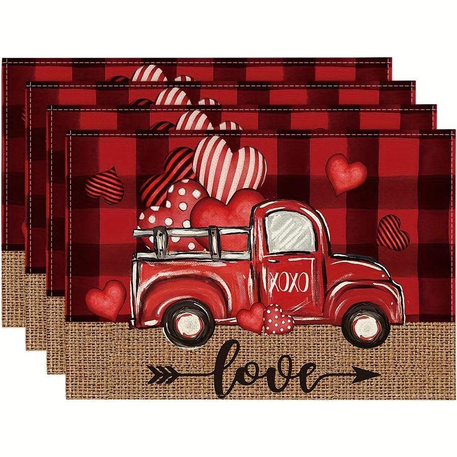 

Valentine's Day Placemats Set Of 4 - 18x12" Linen Square Table Mats With And Hearts Design, Woven , Machine Washable, Fade Resistant For Dining & Party Decor