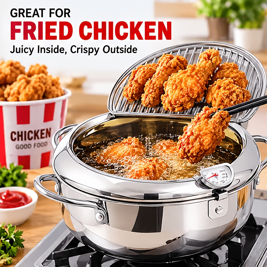 Image of Deep Fryer, Stainless Steel Deep Fryer Pan With Thermometer, Home Temperature-controlled Oil-saving Fryer, Compatible With Gas Stove & Induction Cooktop, Used For Frying , Chicken Wings, And Shrimp