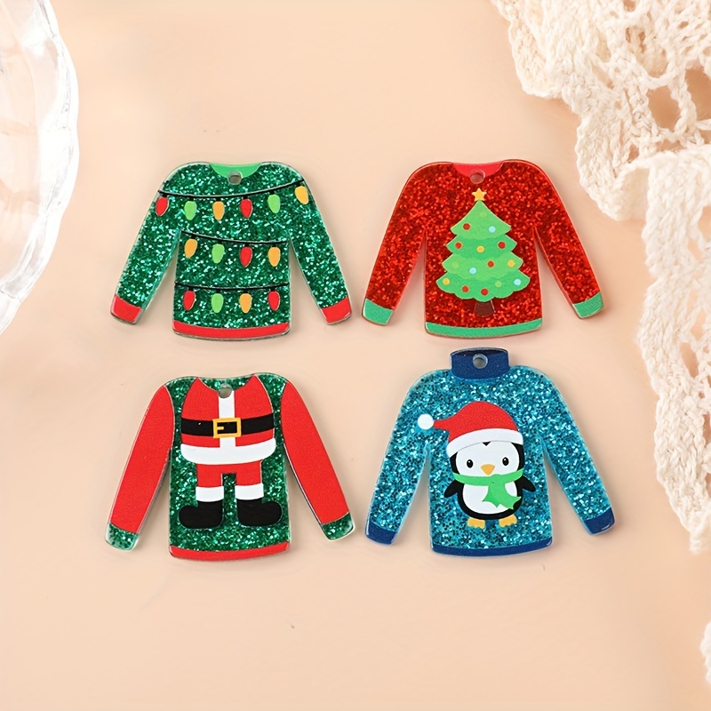 

24pcs 4 Styles Christmas Party Theme Simulation Thin Flash Sweater Ugly Clothes Double-sided Printed Acrylic Small Pendant Diy Earring Keychain Bag Pendant Supplies