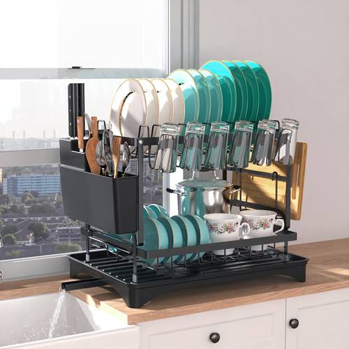 2 tier collapsible dish rack carbon steel drainer with utensil plate holder for kitchen counter