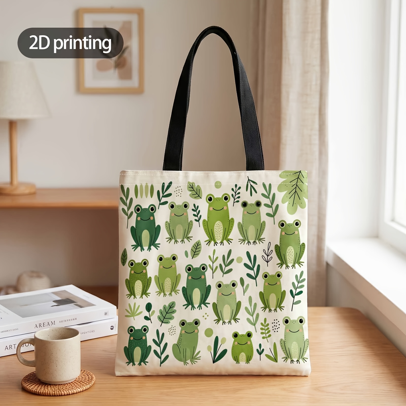 TEMU 2d Printed Handbag With Green Frogs In Paradise Pattern, Reusable Fashion Shoulder Bag Shopping Tote Bag Suitable For Shopping Office Vacation