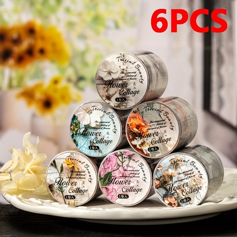 Image of 6 Rolls Of Washi Tape Featuring Flowers And Wildflowers, Suitable For Decorating Notebooks, Scrapbooking, Planner Materials, Crafts, Photo Albums, Phone Cases, And Floral Embellishments