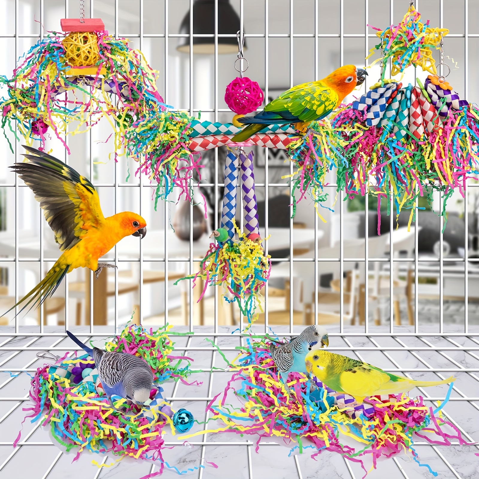 

5pcs Bird Chewing Toys, Colorful Parrot Gnawing Toys, Braided Tube Bird Shredding Toys, Hanging Birdcage Supplies