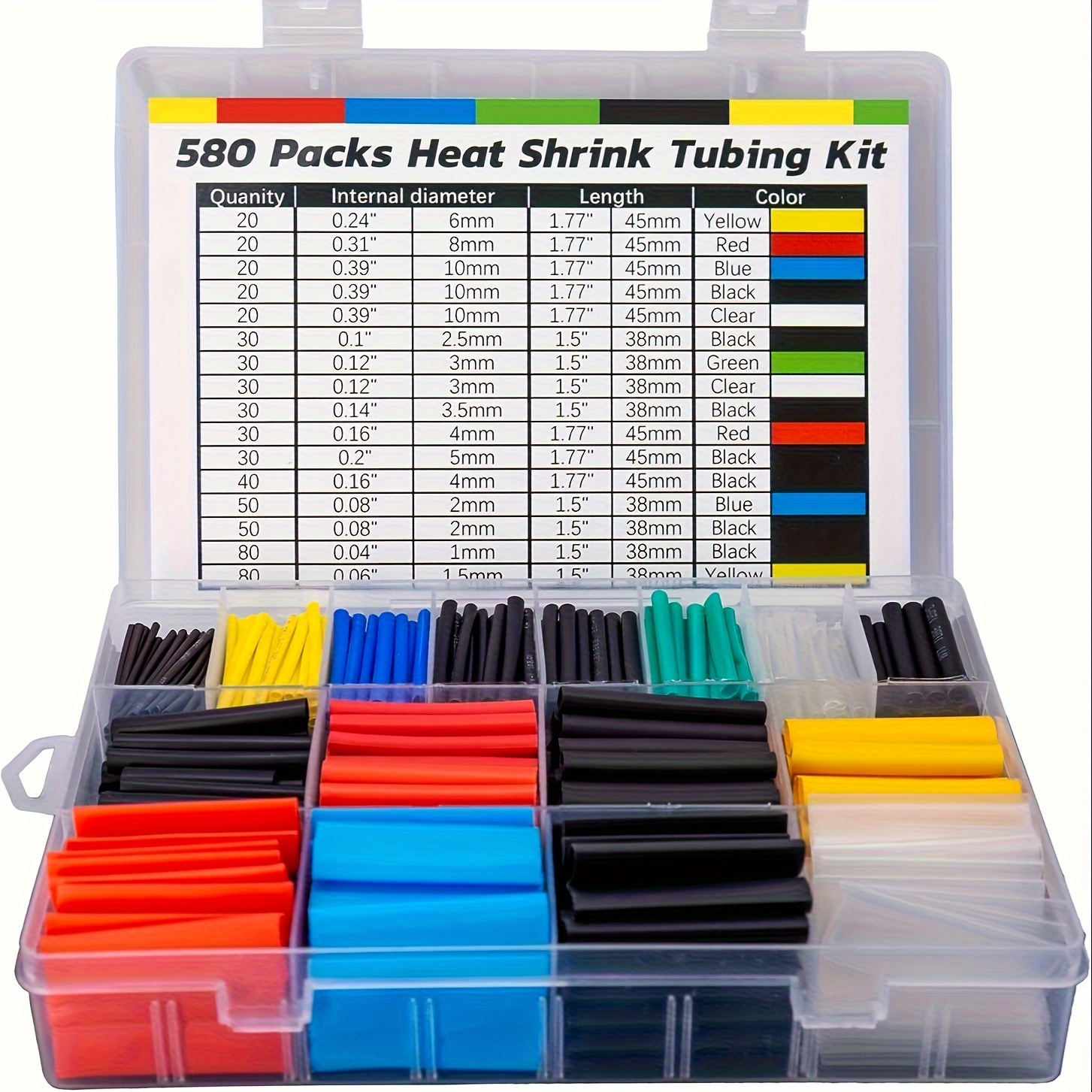 Image of 580-piece Heat Shrink Tubing Assortment Kit - Universal, 2:1 Shrink Ratio, Professional-grade Material, High-temperature Resistant, Insulating Tubes With Storage Case, Uncharged (no Battery)