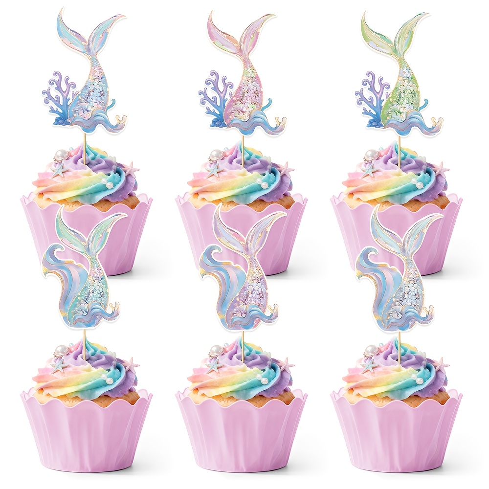 Image of 24pcs Of Mermaid Tail Cake Decoration Picks, Mini Themed Cake Additions, Ocean-themed Supplies For Birthday Parties Or Shower Events, Halloween, Christmas
