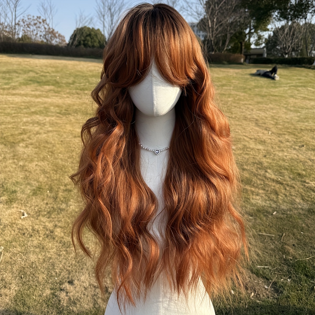 TEMU Perruque longue bouclée et ondulée teinte avec frange, perruque synthétique facile à pour débutants, résistante à la chaleur, , usage , perruque