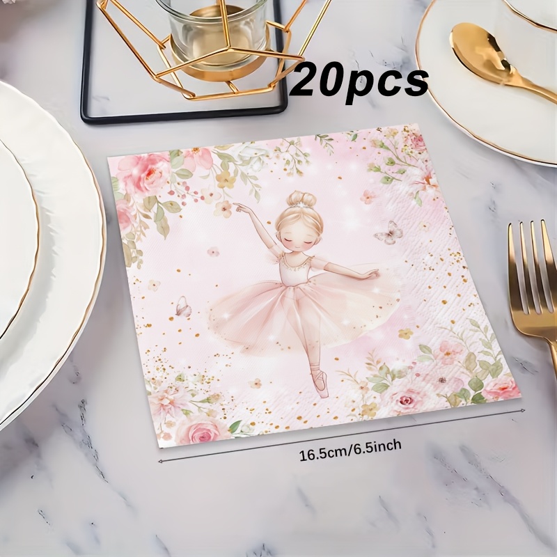 TEMU 20pcs Pink Ballet Dancer Party Napkins, Floral Disposable Tissues, Party Supplies, Holiday Decor, Suitable For Bridal Shower, Elegant Afternoon