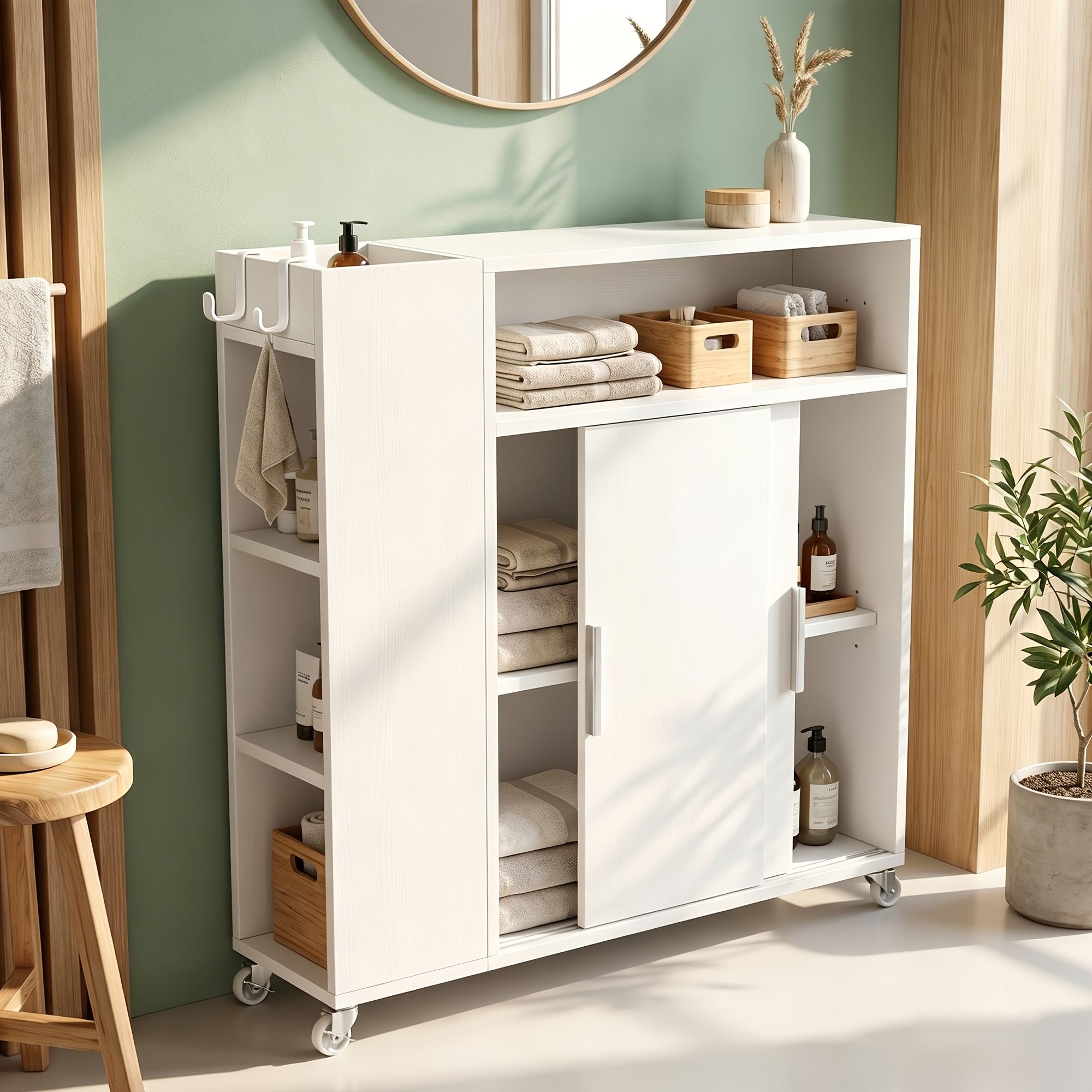 Image of White, Narrow, Soothing-style Storage Cabinet. 21×81×71cm. Features Casters, Sliding Doors, Adjustable Shelves, And A Toilet Paper Holder. A Flexible And Portable Solution For Small Spaces.