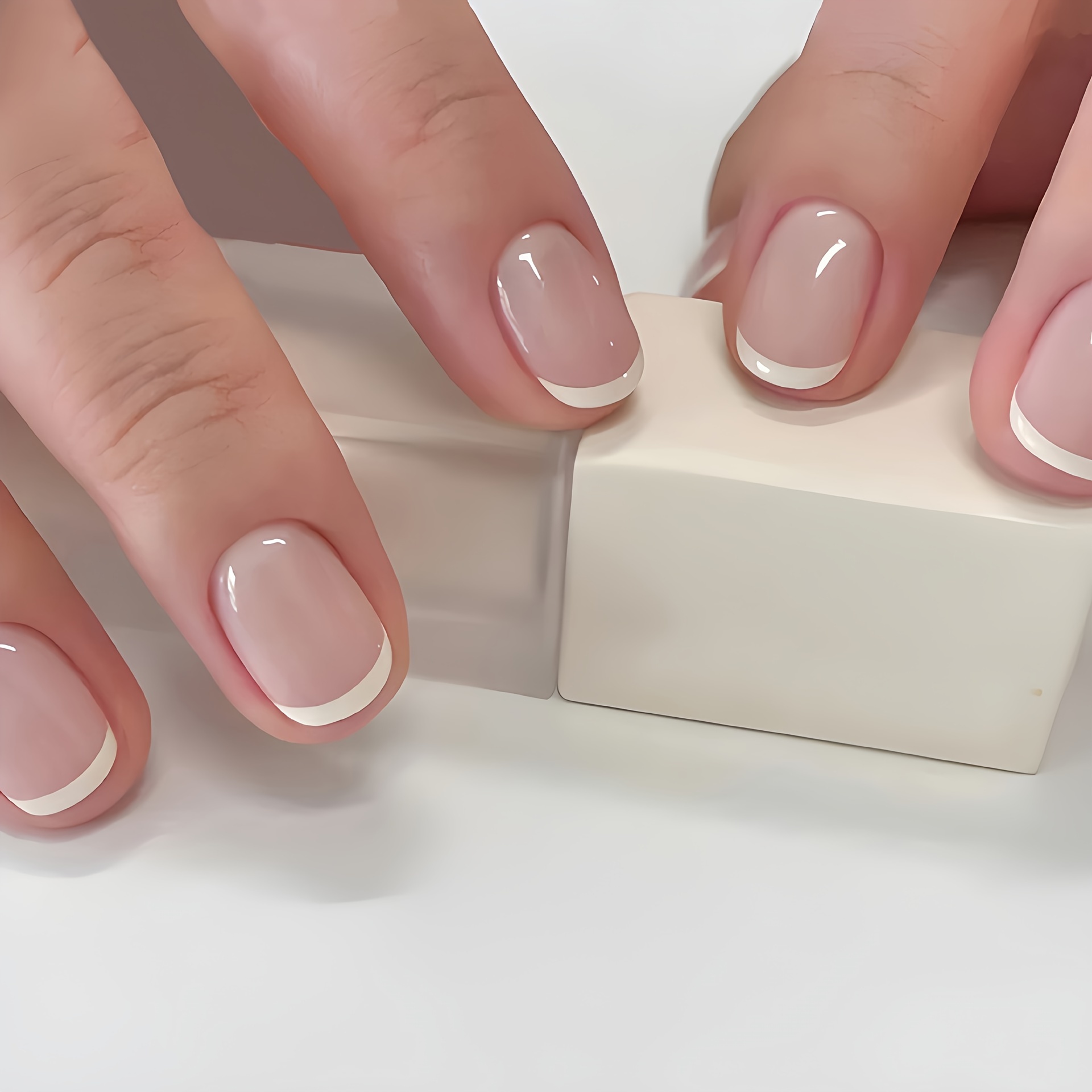 

Chic Short Nude French Tip Press-on Nails - , Full Cover Acrylic Fake Nails For Women & Girls