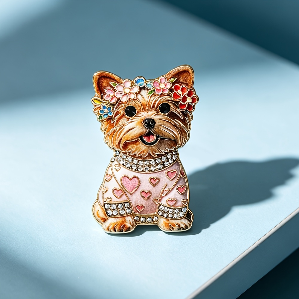 TEMU 1 pièce Bandeau floral multicolore avec broche chiot Yorkshire Terrier, style sur le thème du cœur, et épingle pour pull, cadeau d'anniversaire