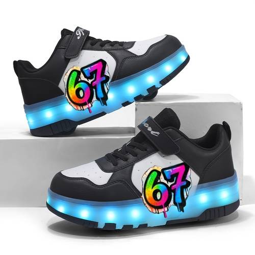 childrens roller skating shoes 67 elements 2d printing led luminous walking shoes usb charging luminous skateboard shoes luminous sports shoes boys and girls double row roller skating walking shoes slippery board shoes