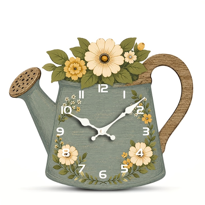 TEMU 1 Horloge Murale d', Horloge à Motif Floral de Pâquerettes et Feuilles , Horloge à Quartz Silencieuse de Style Rustique de Jardin, Décoration
