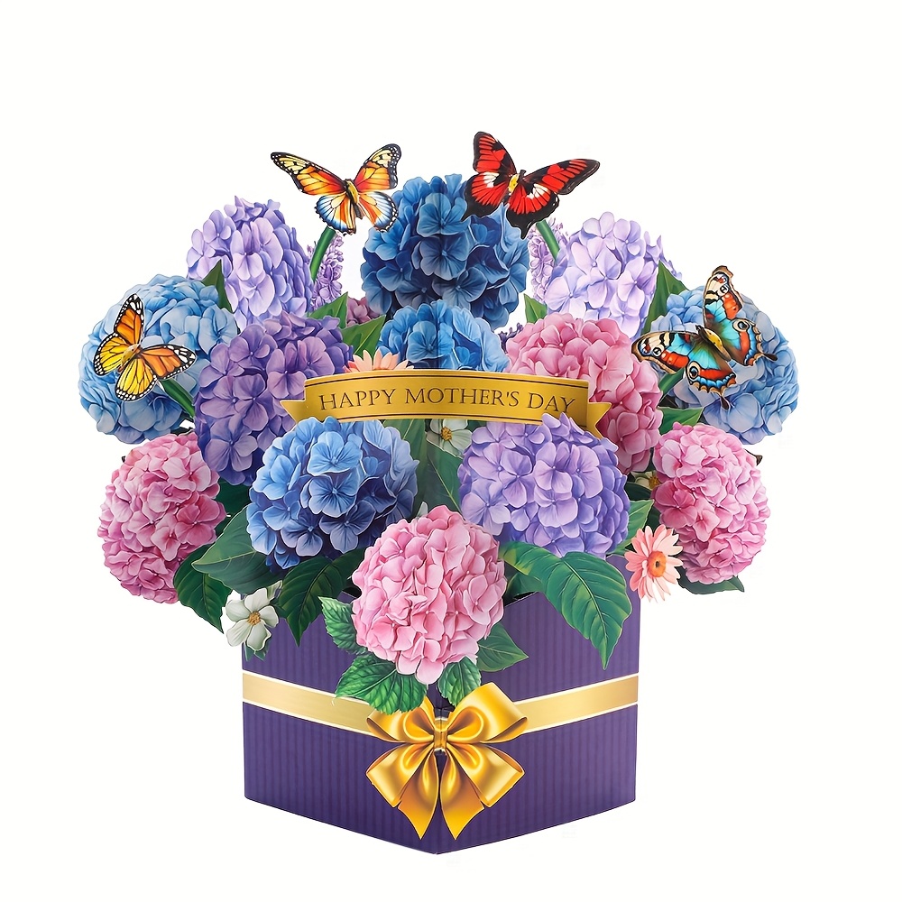 Image of 1pc Handmade 3d Vibrant Hydrangea And Design Pop-up Bouquet Greeting Card, Includes Envelope And , Diy Gift Card For Birthdays, Mother's Day, Anniversaries, , And Special Occasions