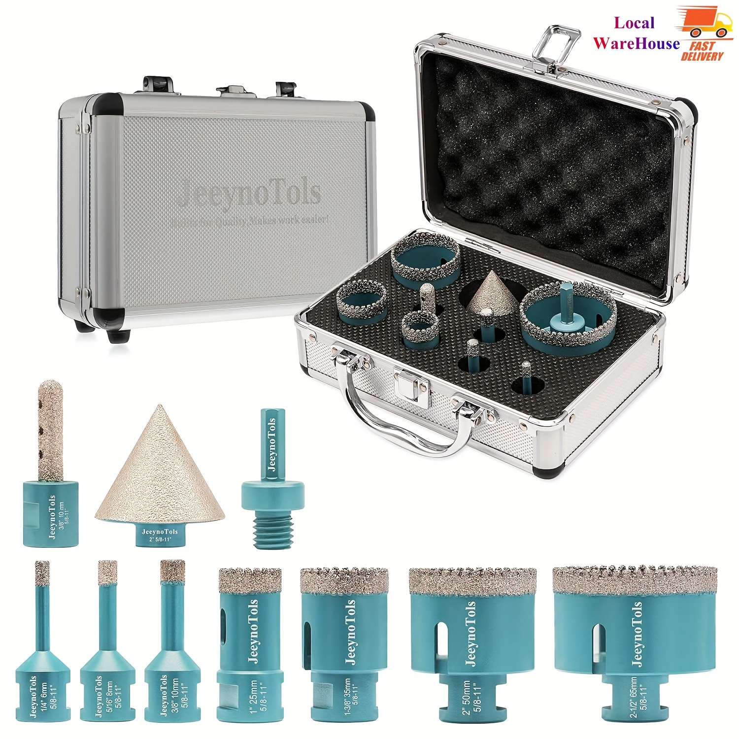 E-shop 11-teiliges Set gezahnter Lötkernbohrer (6/8/10/25/35/50/68/110mm Bohrer + 20mm Fingerfräser + 50mm Fasenfräser + Adapter) für Keramikfliesen,