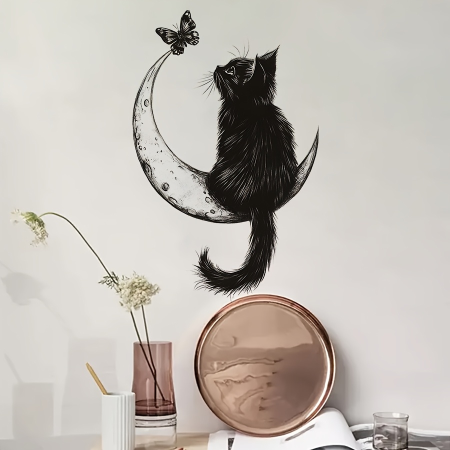1pc Kitten Moon Wall Sticker Self-adhesive Removable Suitable For Living Room Bedroom, Pvc Decal With Kitten & Moon, Semi-matte Removable Wallpaper For Floors/walls, Decoration For Renters