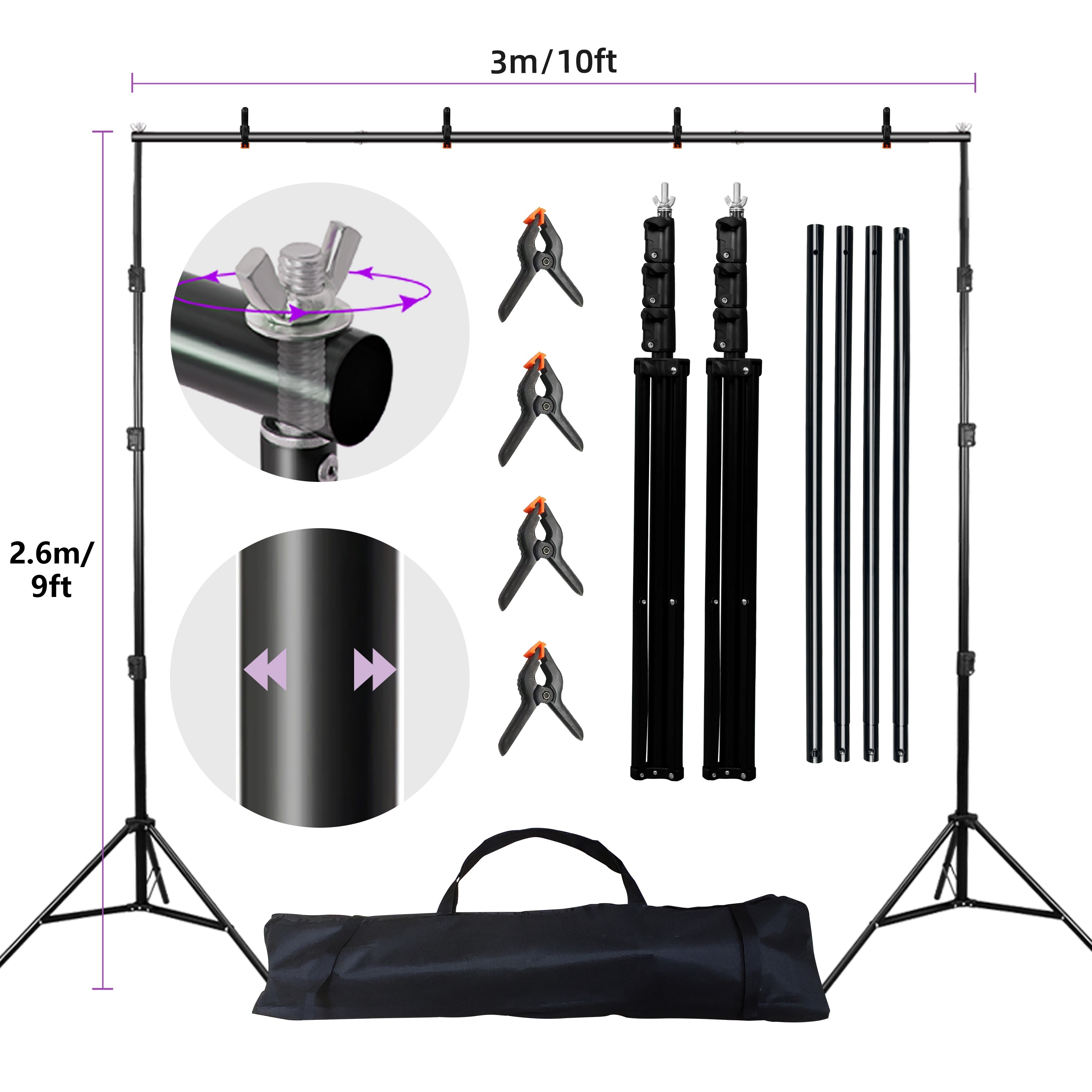 

9x10ft Backdrop Stand, Stand Kit 4 Crossbars, 4 Backdrop Clamps, Carrying Bag For Parties Decoration