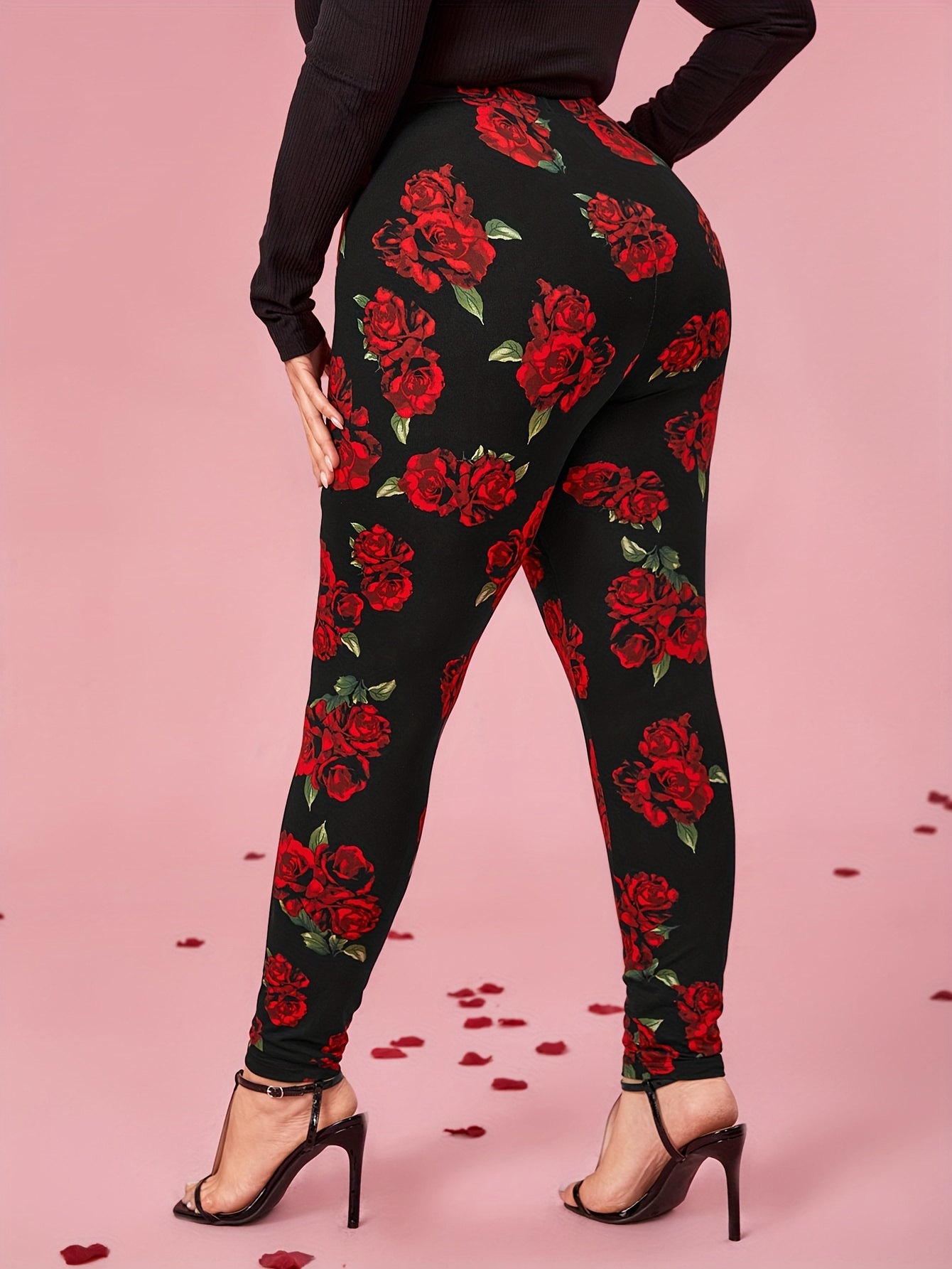 plus size floral print skinny leggings casual every day stretchy leggings womens plus size clothing black 1