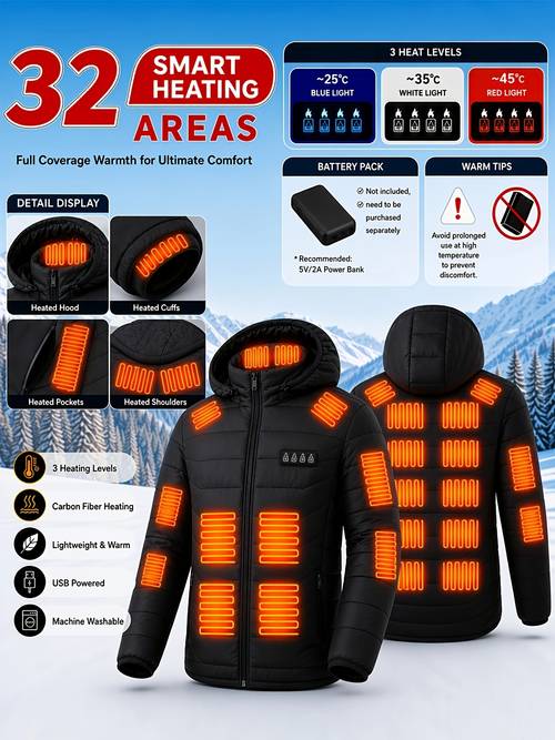 photo de l'article veste de sport chaude pour homme avec 32 zones de chauffage et niveaux de chaleur réglables, veste à capuche, usb pour homme - fermeture éclair, pour lextérieur, les quotidiens et les