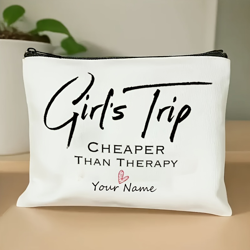 TEMU 1pc, Bestie Trip Theme Custom Text Makeup Bag - Printed With "bestie Trip " Fun Slogan, Featuring Artistic Font And Heart Decor, Supports Name