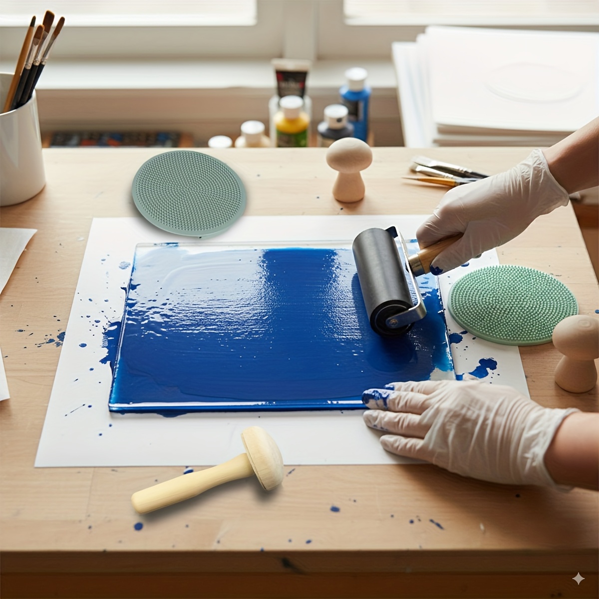 item picture 4pcs gel painting kit   reusable monoprinting gel plate brayer mushroom press plate and press plate silicone plate suitable for fabric paper professional art set art diy cards