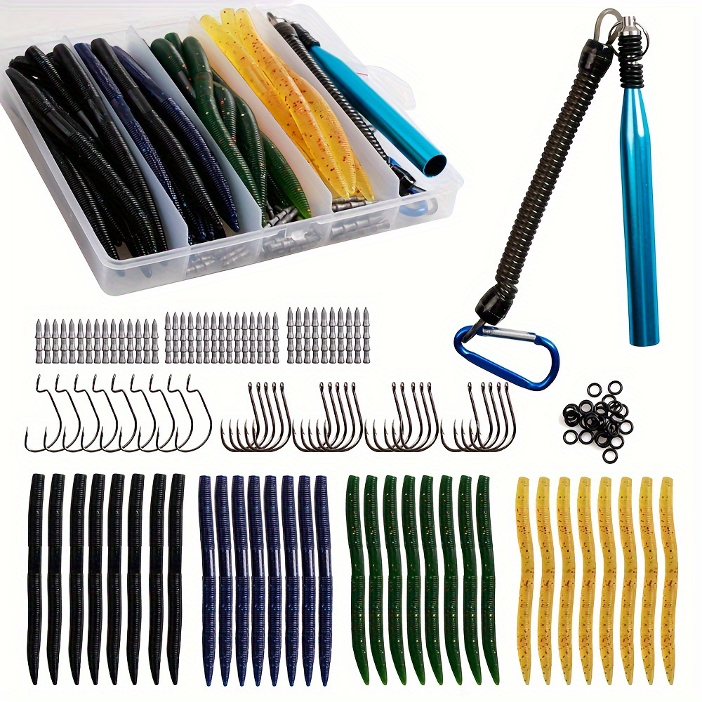 TEMU 133pcs Fishing Lure Kit Soft Plastic Worms Grub Baits Hooks For Wacky Rig Bass & Trout Fishing Includes Free Tackle Box Great Gift For Dad Husband Son Or Boyfriend