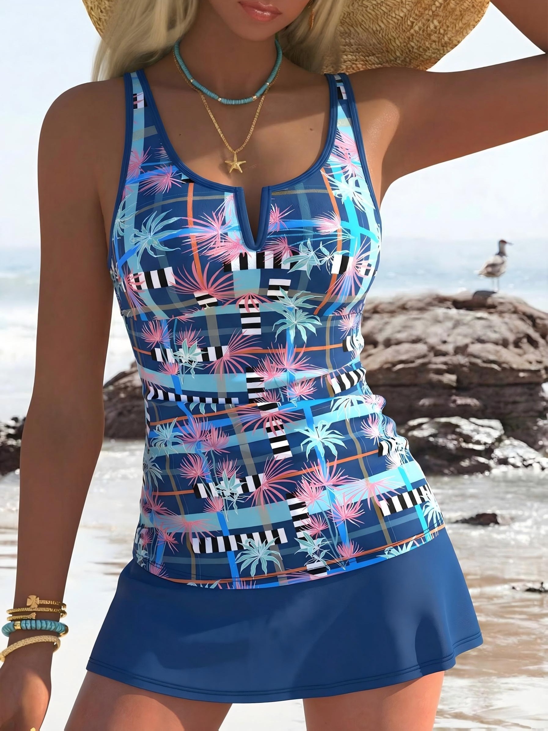   plant print v neck skirt ladies tankini swimsuit set