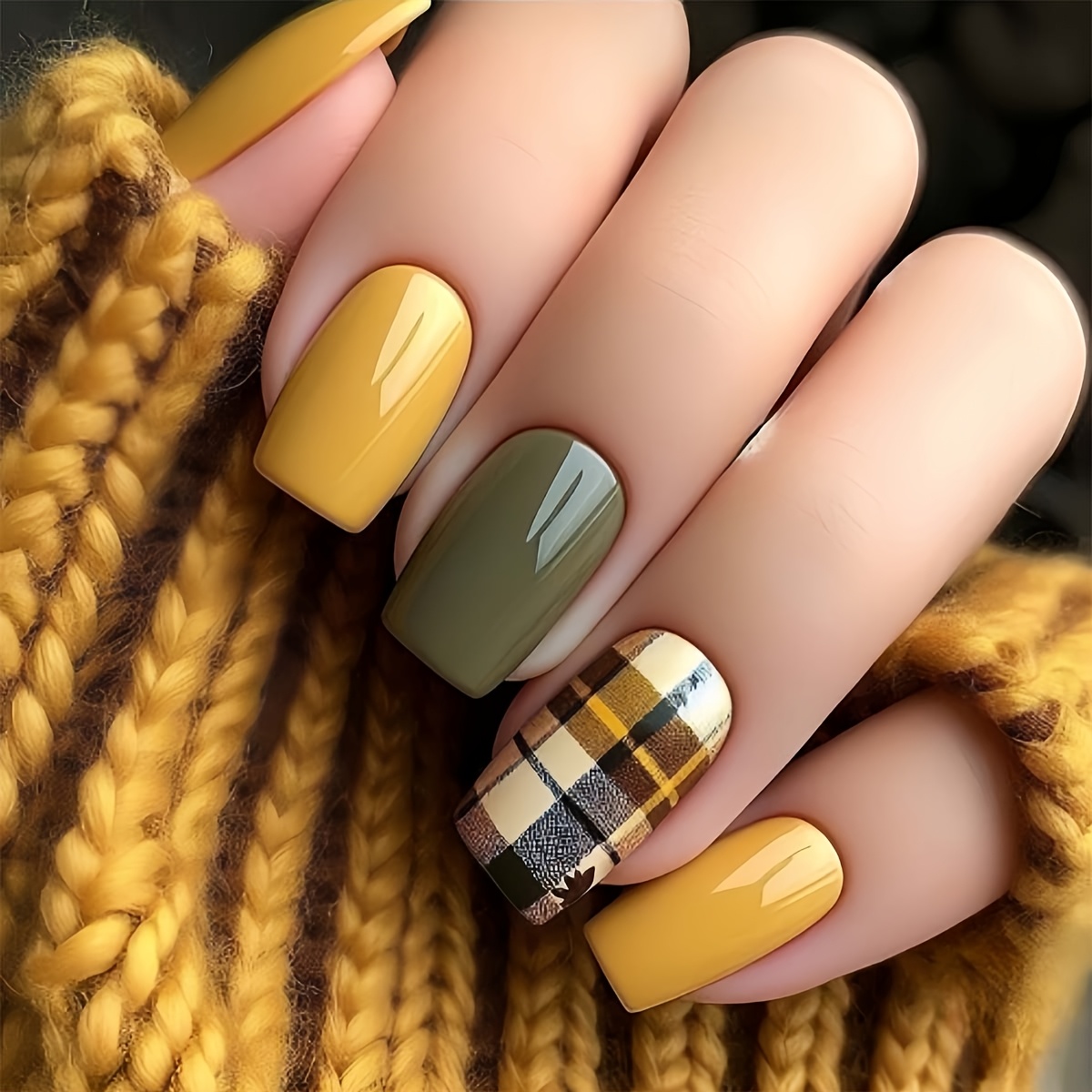 TEMU 24pcs Medium-length Autumn Vintage Nail Stickers, Featuring A Checkered Pattern With Bright Ginger Yellow And Olive Green . Simple And Artistic