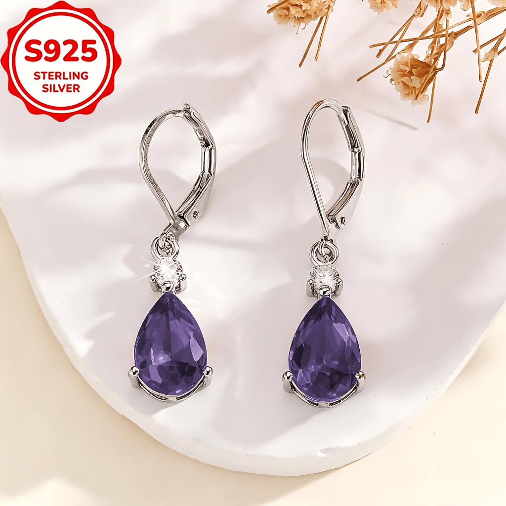 TEMU 2pcs Simple And Stylish S925 Sterling Silvery Purple Teardrop Synthetic Zirconia Drop Earrings, Elegant And Versatile Minimalist High-end