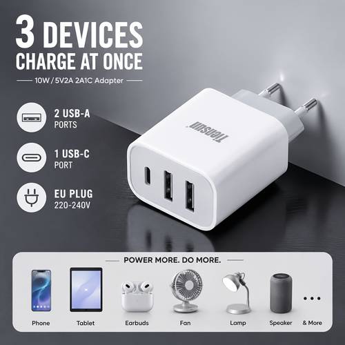 3-Port USB Charger Block, Charge 3 Devices at Once, 2 USB-A + 1 USB-C EU Plug Wall Adapter for Phone, Tablet, Earbuds, USB Fan, Lamp & More, Power Adaptor